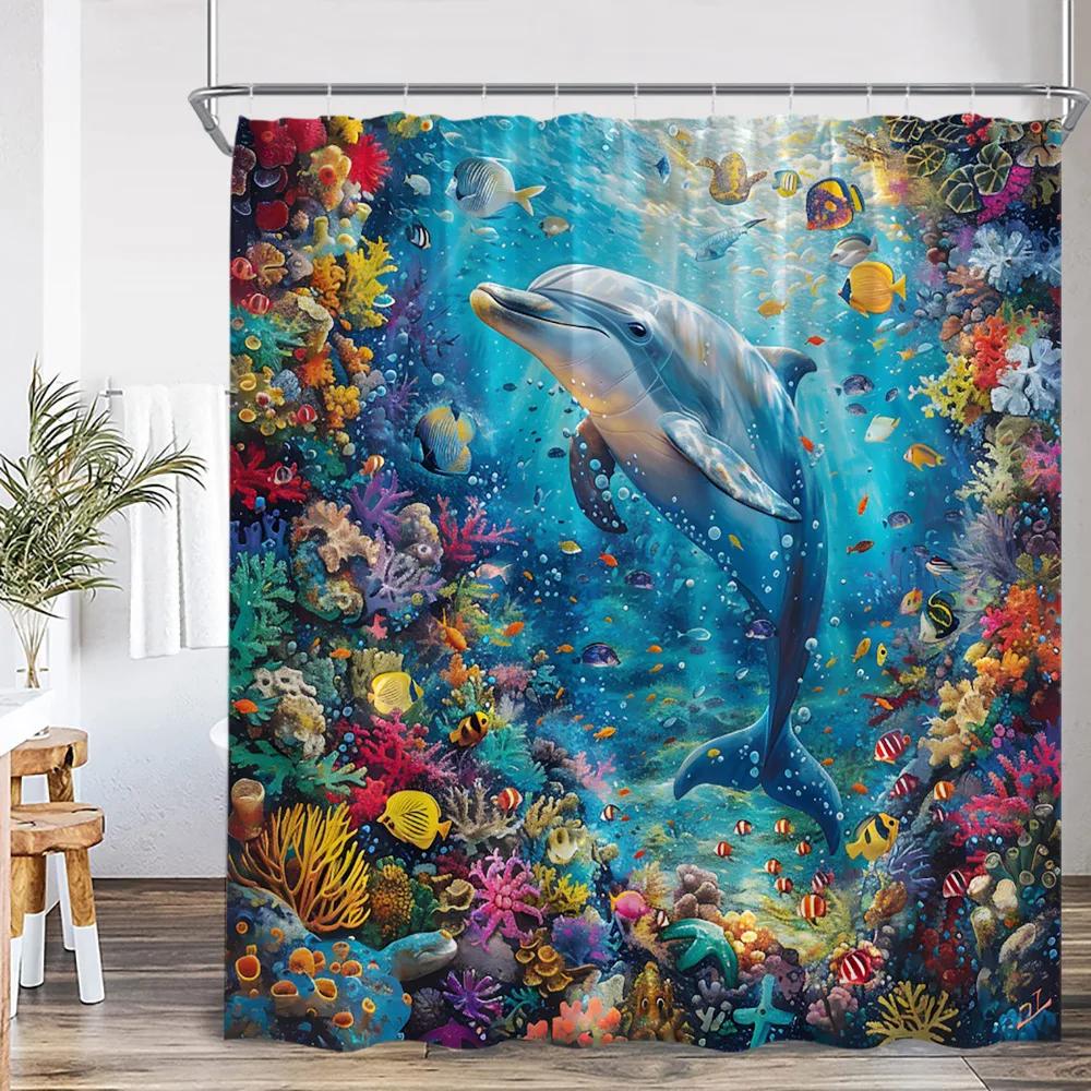 Ocean Animal Shower Curtain Blue Whale Dolphin Seahorse Marine Life Nature Bathroom Decor Sea Poltester Bath Curtain with Hook