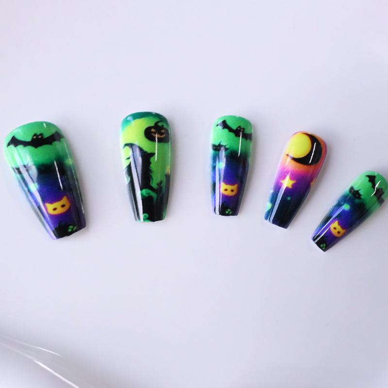 Manicura más vendida Europea y Americana Halloween bruja de ensueño gato negro murciélago calabaza larga ballet armadura
