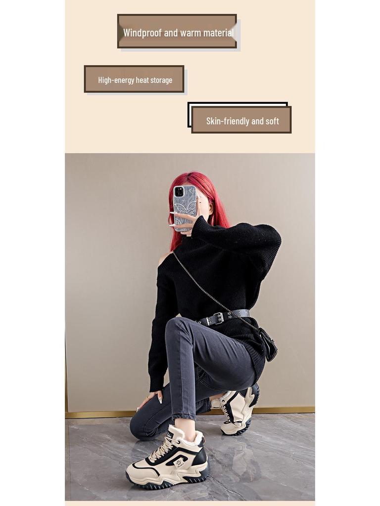 Women's Korean-Style Fleece-Lined High-Top Shoes - Versatile, Thick-Soled, Warm, Cotton Sporty Casual Dad Shoes