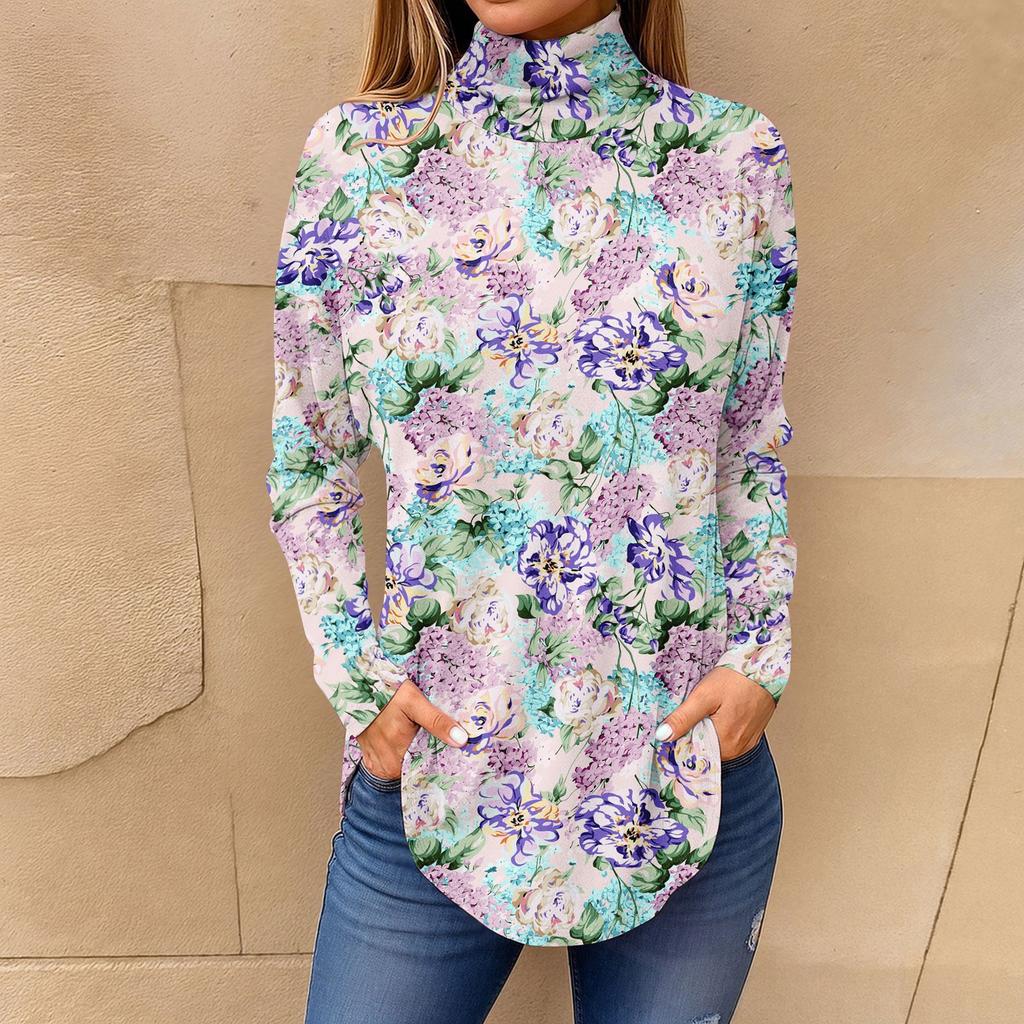 Tee Shirts For Women Fall Casual Long Sleeve Shirts Sweatshirt Vintage Printed High Neck Top Pullover