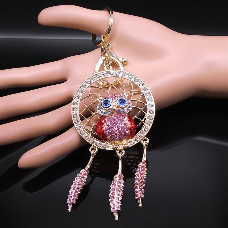Shinny Crystal Owl Dreamcatcher Feather Keychain for Women Alloy Rhinestone Dream Catcher Animal Key Ring Bag Jewelry K9034S05