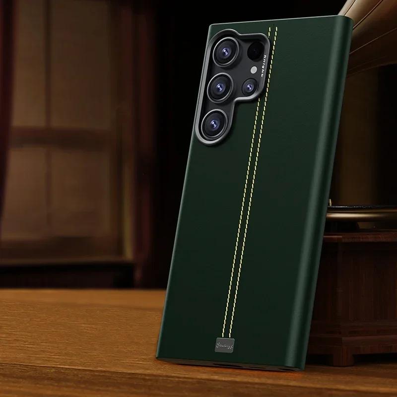 Einfarbige Vintage Lederhülle für Samsung Galaxy S26 S25 S24 S23 Ultra Plus Magnetische Kabellose Ladefunktion Mattschwarze Metall-Linsenabdeckung