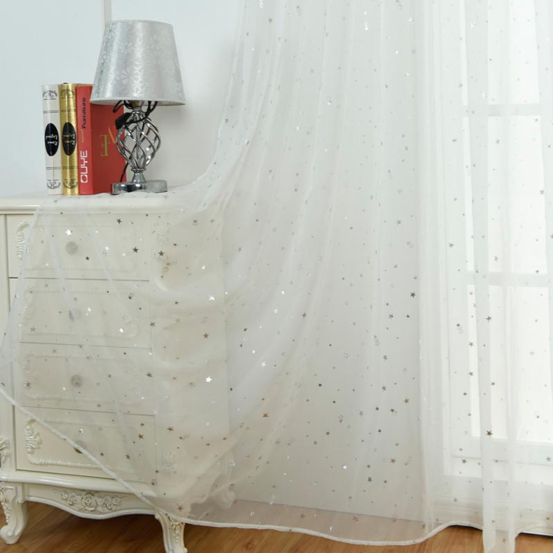 Silver Pressed Star Embroidered Curtain with Rod Light Transmission Tulle Curtains for Living Room Bedroom Kitchen Kids Baby Room Door Window 1PC