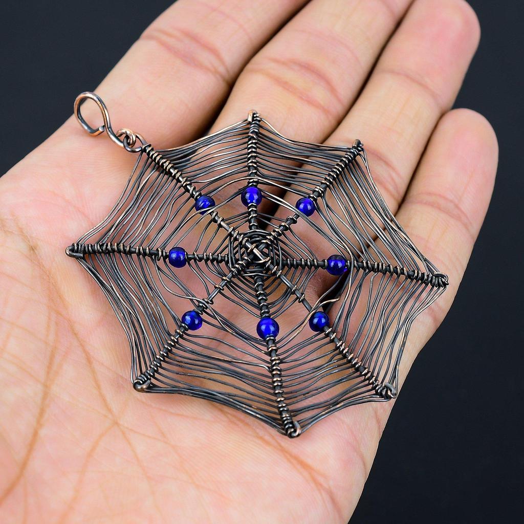 Spider Web Shaped Blue Topaz Gemstone Pure Copper Wire Wrapped Handmade Pendant Jewelry