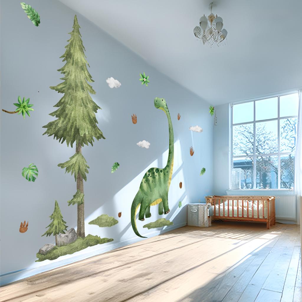Verschiedene Dinosaurier Grüne Blätter Fußabdrücke Großer Baum Wandaufkleber Kinderzimmer Kindergarten Hintergrund Dekorativer Wandaufkleber Selbstklebend