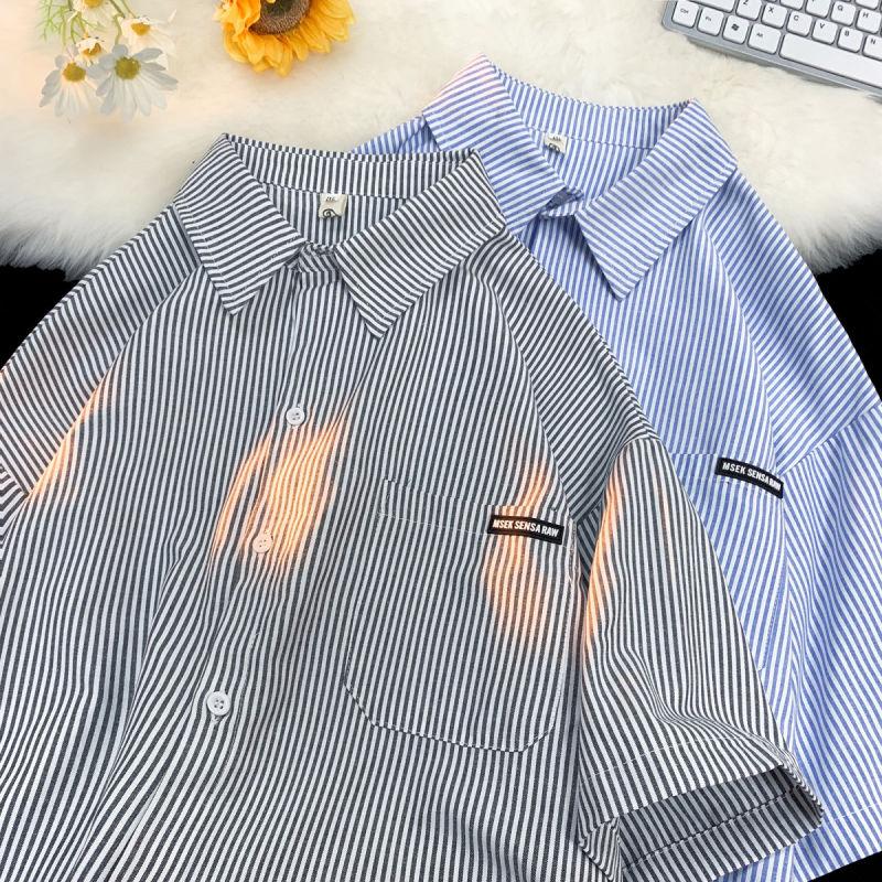 Korean Cityboy Stripe Versatile Casual Fashion Trend Classic Preppy Style Loose Premium Men's Shirt Short Sleeved Summer 2024