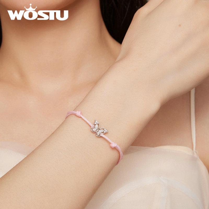 WOSTU 925 Sterling Silber Schöne Rosa Schmetterling Charm Armbänder für Frauen Hohl Insekt Zirkon Kette Link Mädchen Geburtstag Schmuck