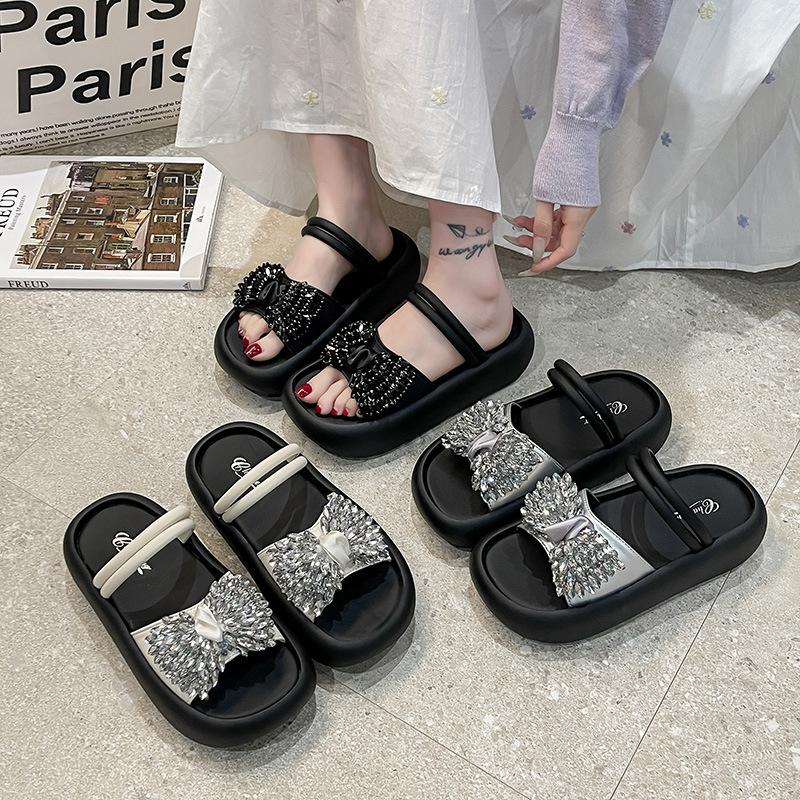 Beautiful rhinestone cool slippers for women's summer wear 2025 new thick-soled heightening French style with skirt open-toed sandals