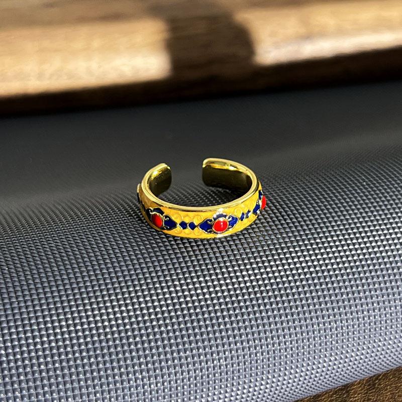 2026 Gold Glaze Luting Retro British Style Color Rice Flag Open Ring Female Simple Flower Light Luxury Temperament Ring