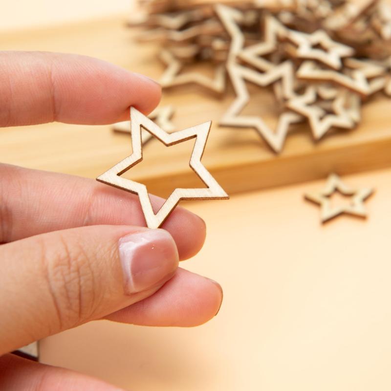 100pcs/lot Hollow Wooden Stars for Crafts, 1-3cm Wood Slice Star Shape Cutout Embellishment Pieces for DIY Art Crafting Projects