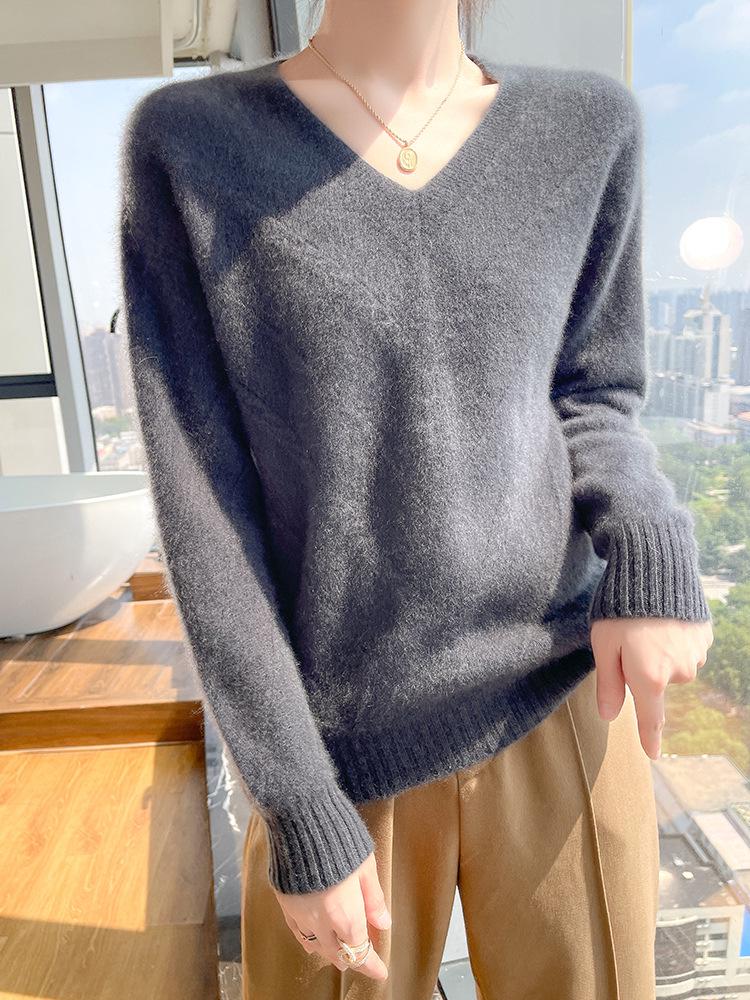 Women's Australian Pure Wool V-Neck Sweater - Autumn/Winter Loose Knit Long Sleeve Outerwear