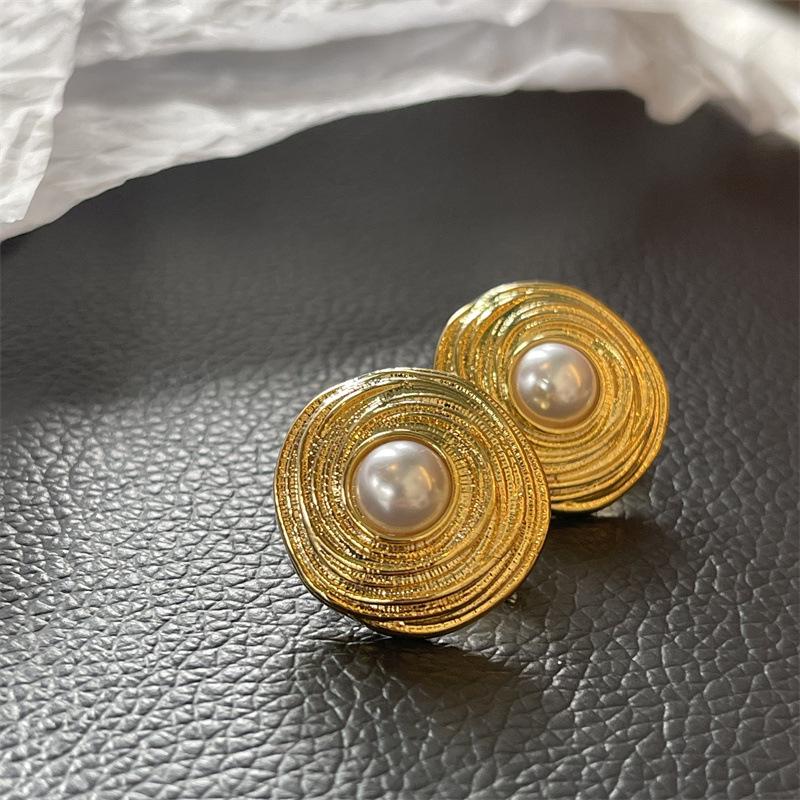 925 Silver Needle Vintage French Gold Wire Wrapped Circle Stud Earrings