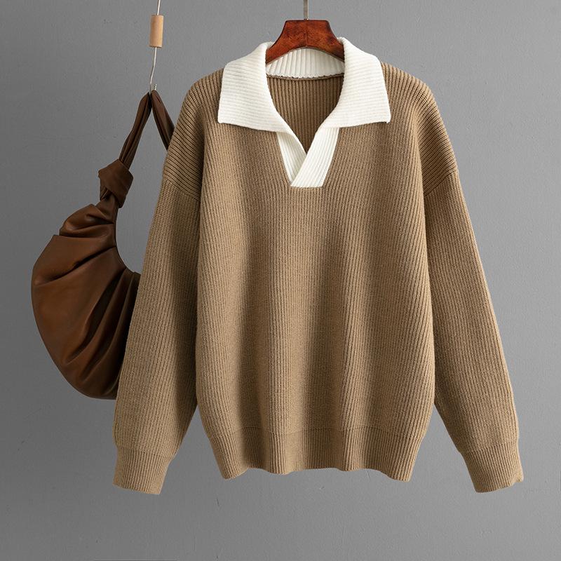 2025 Autumn/Winter Women's Color Block Polo Collar Loose Knit Sweater Pullover