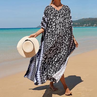 Women's Boho Cover Up, Plus Size Contrast Loose Fit Vacay Beach Kaftan Dress