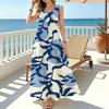 Sleeveless Maxi Dress,Blue & White Leaf Print,Lightweight,Elegant Ideal for Daily Wear,Commute,Casual Vacation & Travel Photos