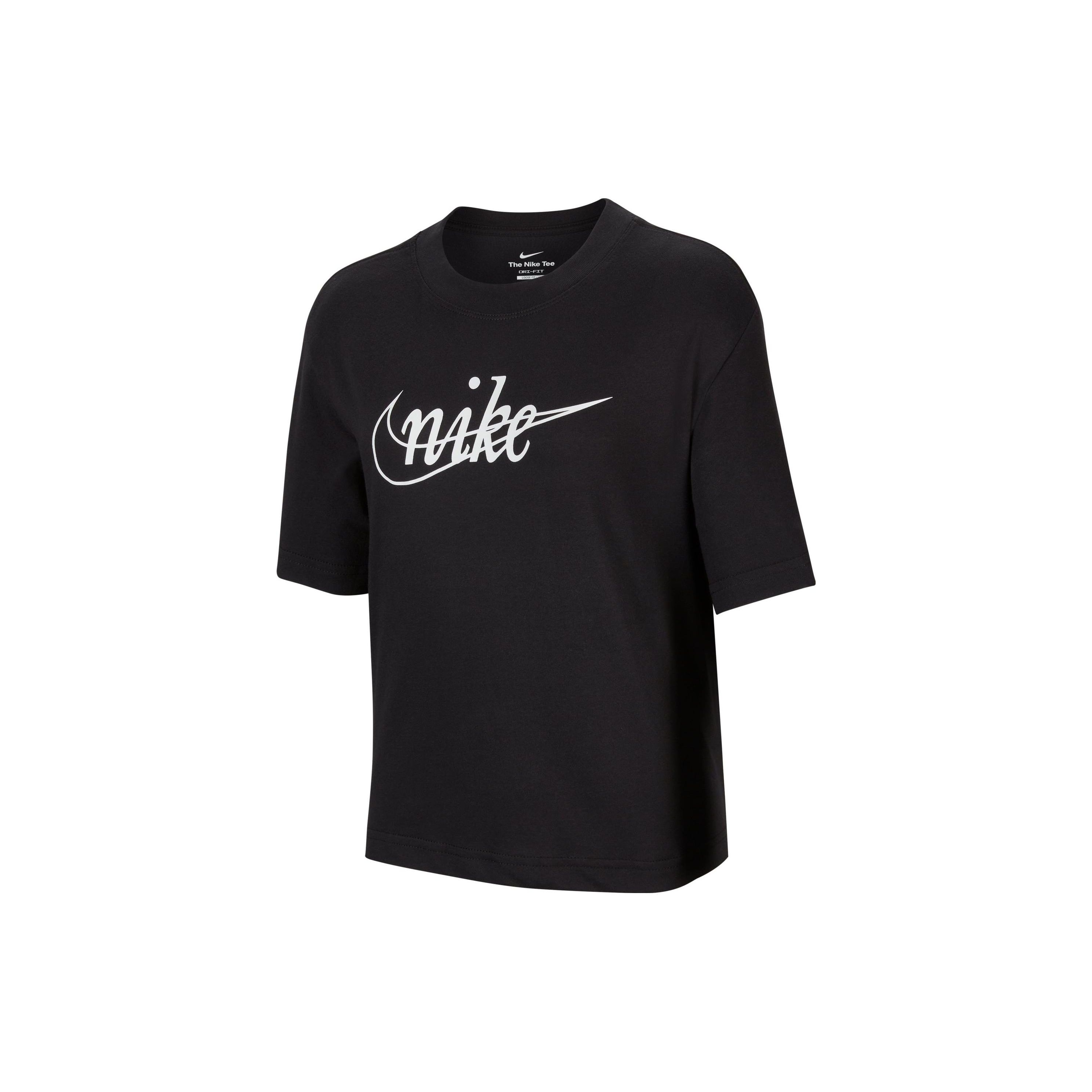 

Nike Детская футболка Dri-Fit с принтом логотипа, свободного кроя, с круглым вырезом и короткими рукавами, черная FD0941-010