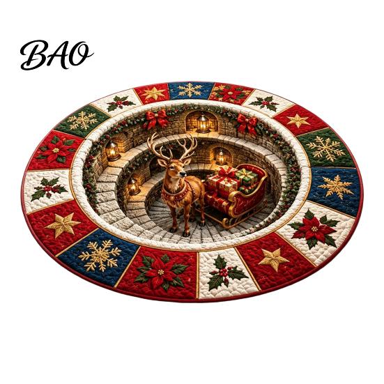 Kerstfeest Woondecoratie Rond Kerst 3D Vloerkleed, Optische Illusie Vloerkleed Kerstman Kabouter Gewatteerd-achtig Creatief Cadeau voor Antislip Wasbare Vloer
