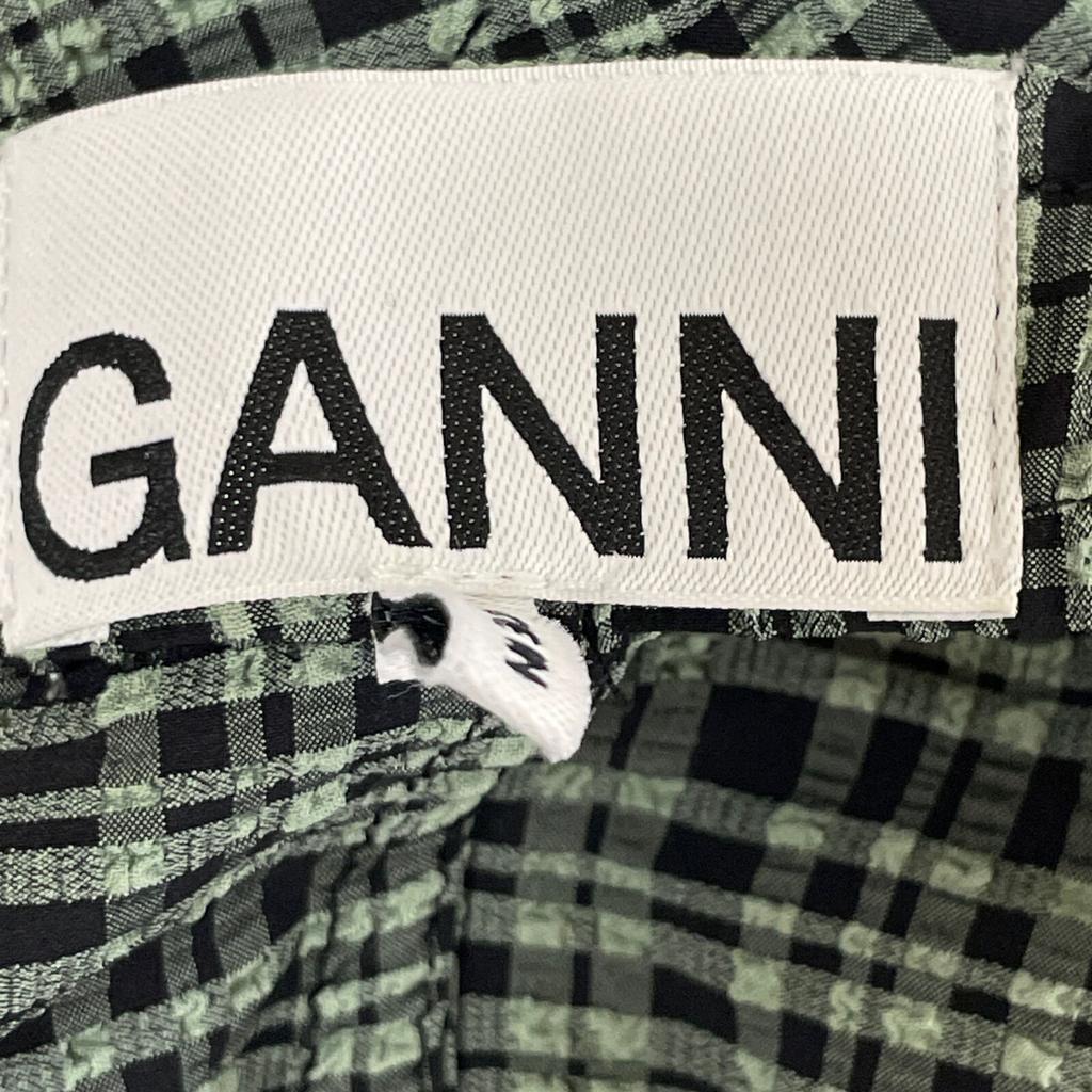 GANNI Green x Black Nylon Blend Seersucker Check Off-Shoulder One-Piece dress 32 Green x blackUsed