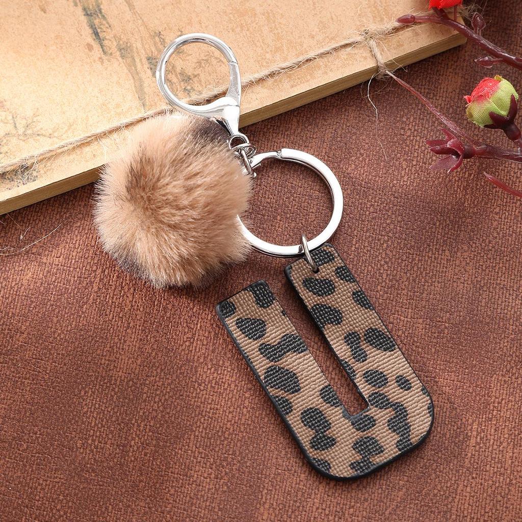 Western Cowboy Leopard Print Leather Keychain with Acrylic Letter and Plush Ball Accessories