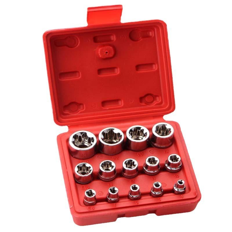 Set di Bussole E-Torx Femmina con Custodia, 1/4, 3/8, 1/2 poll.. Kit di 14 bussole torx esterne Drive E4-E24