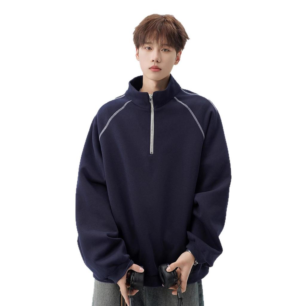 Men's Autumn Trendy Navy Blue Half-Zip Stand-Collar Hoodie Jacket