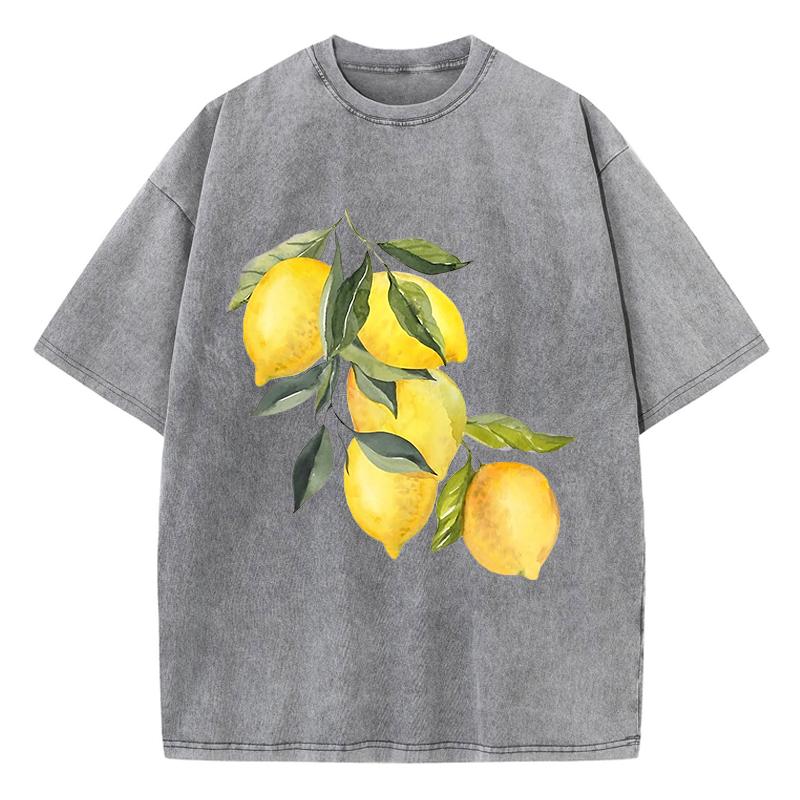 Creative Lemon Pattern Printing Washed TShirt Women Cottont Shirts ONeck Oversized Acid Wash Tops Summer Casual Woman Clothes