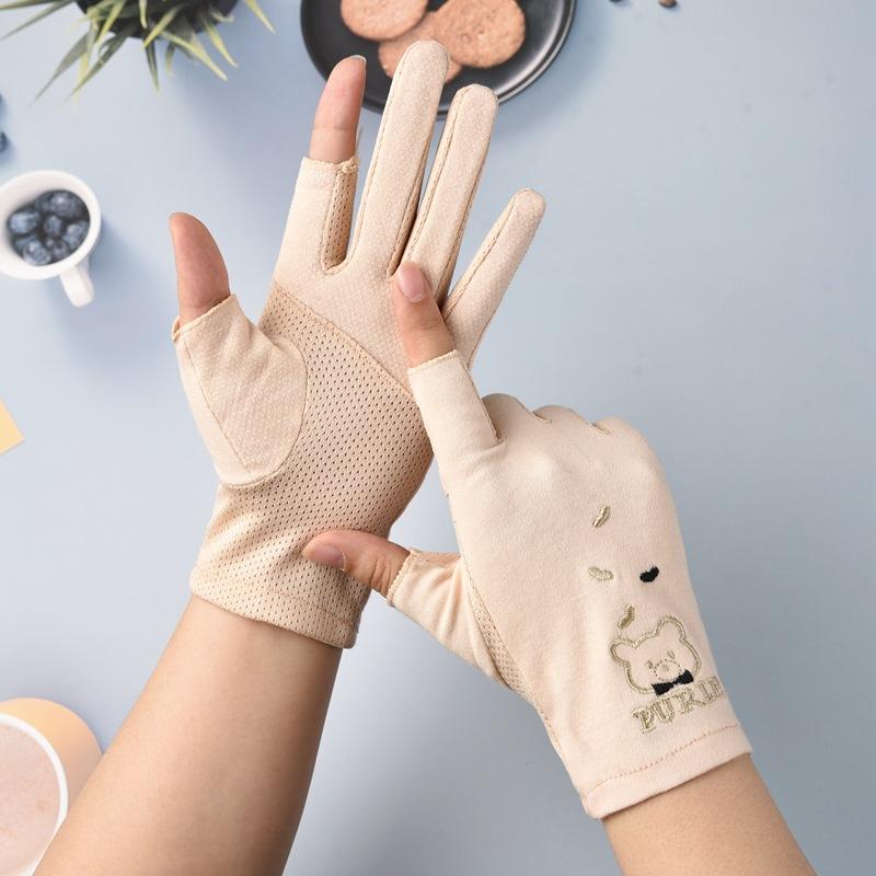Sun Protection Gloves for Women  Spring and Summer  Thin  Two Finger Exposed Sweat Absorbing  Breathable  Anti Slip Cute Little Bear Gloves