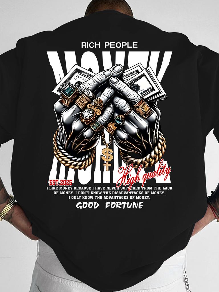 2026 Men's T-Shirt Rich Hands & Dollar Print Streetwear Crew Neck Short Sleeve Polyester Casual