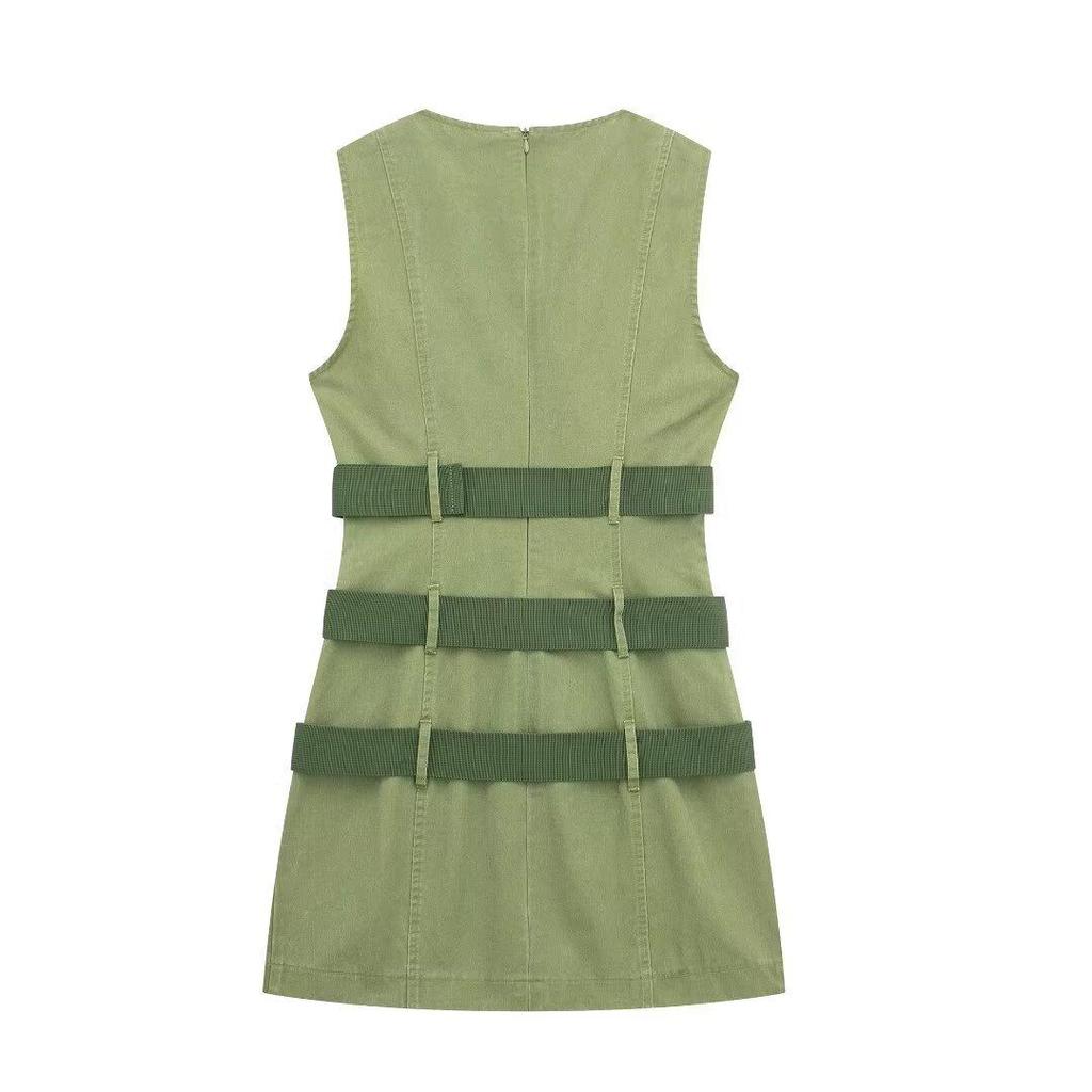 Spring European & American Style Mini Vest Dress with Waist Belt Details