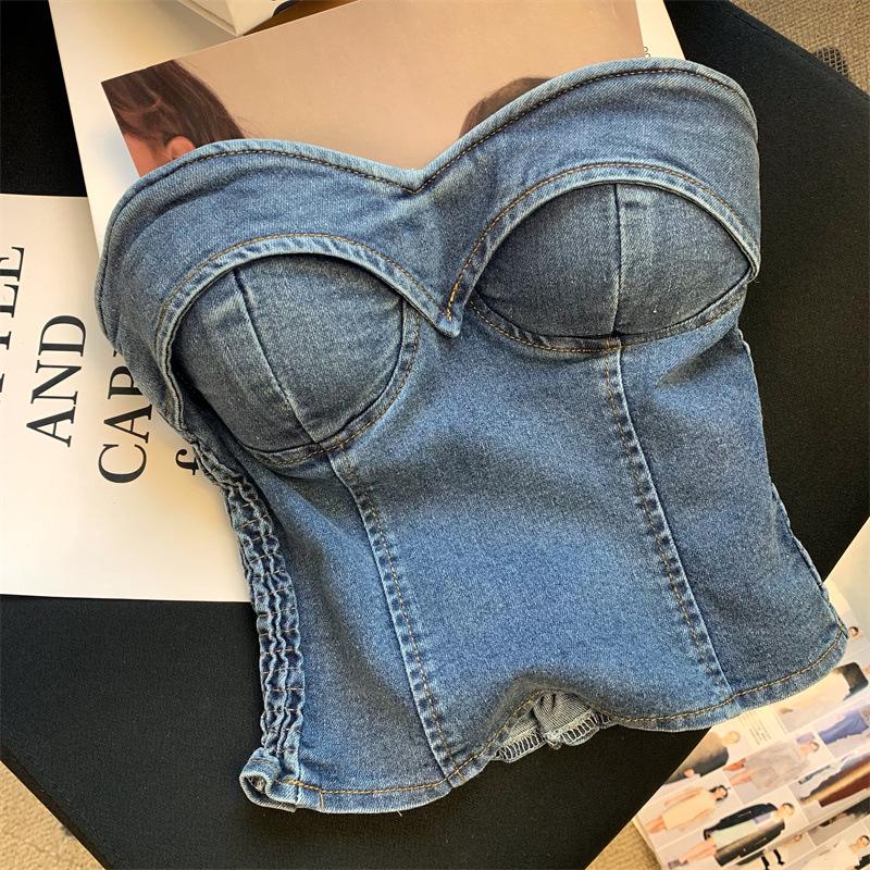 Hong Kong Retro Denim Strapless Vest for Women, Summer 2025: Sweet & Spicy Short Bandage Top with Padded Bust.
