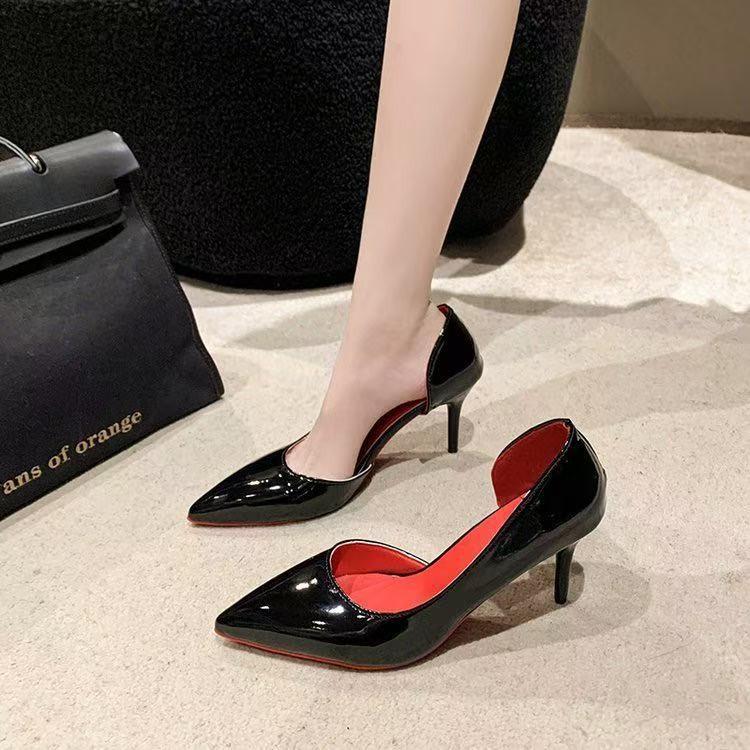 Red-soled High-heeled Shoes for Women's 2025 New Patent Leather Color-sensitive Side Empty Pointed Thin Heel Non-slip Light-mouth Women's Single Shoes