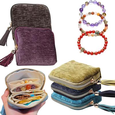 Bolsa Portátil Multicamadas com Borla para Armazenamento de Joias, Viagem, Pulseira de Jade, Grande Capacidade, Zíper, Embalagem para Joias, Organizador