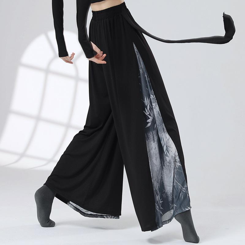

Print Wide Leg Pants Chinese Folk National Dance Culottes Flowy Modern Hanfu Classical Dancer Training Practice Skirt High Waist XS