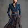 2025 Autumn/Winter Green Velvet Patchwork Long Sleeve Women's Striped Maxi Dress