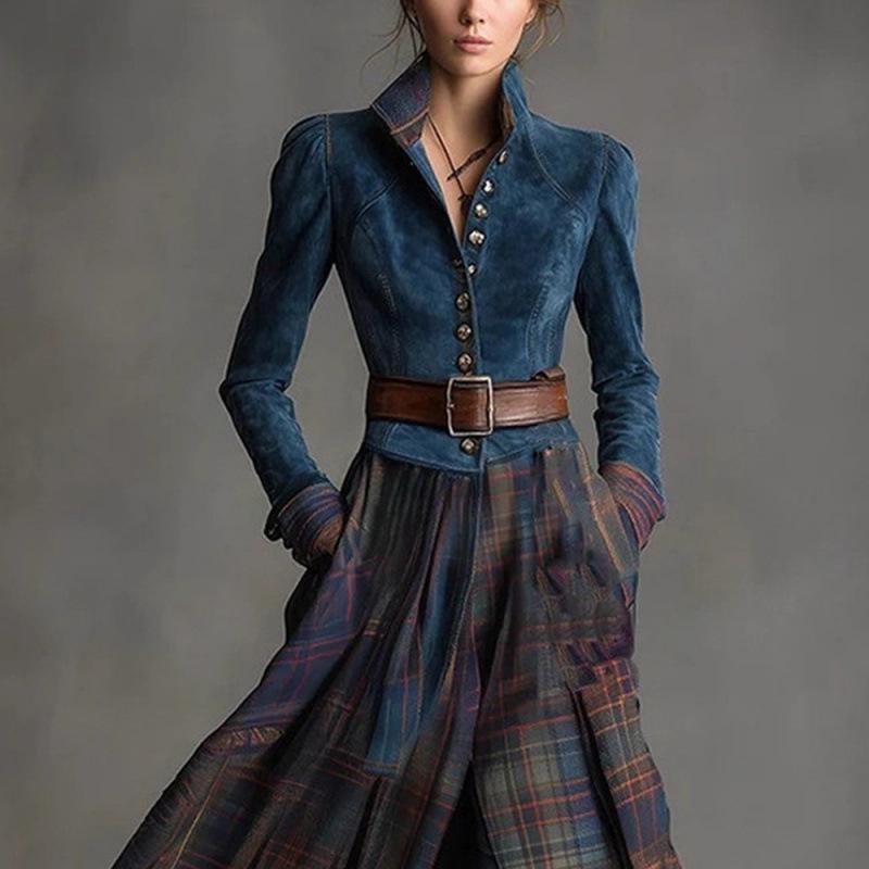 2025 Autumn/Winter Green Velvet Patchwork Long Sleeve Women's Striped Maxi Dress