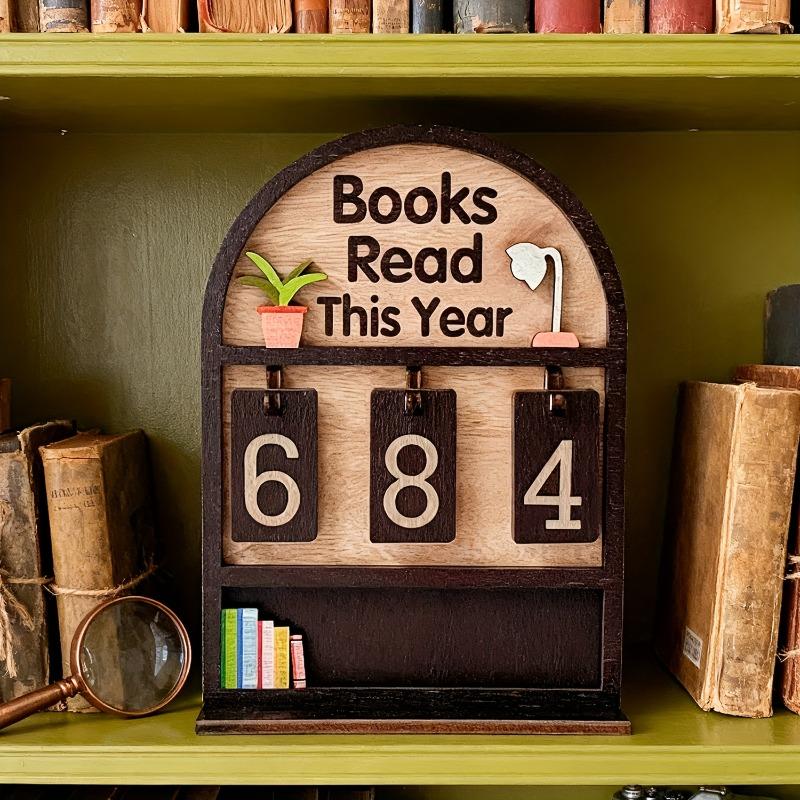 Wooden Yearly Book Counting Ornament Display This Year'S Reading Tracker Can Monitor Up To 999 Books Office Bookshelf Decoration