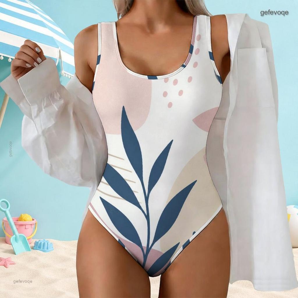Women Plus Size Scoop Neck Wide Straps High Cut One Piece Geometric Printed Swimsuit