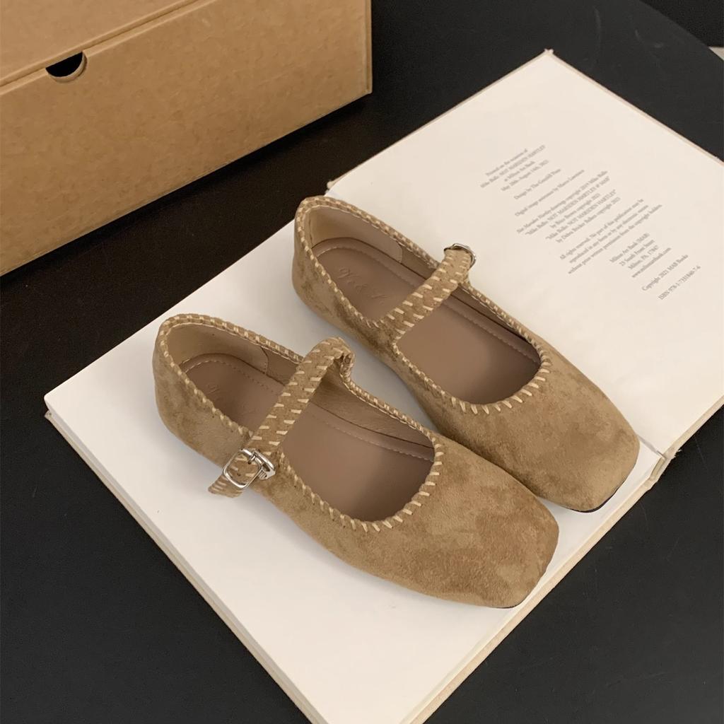 French Suede Ballet Flats Women's 2025 Spring and Autumn New Retro Square Head Casual Flat Mary Jane Single Shoes