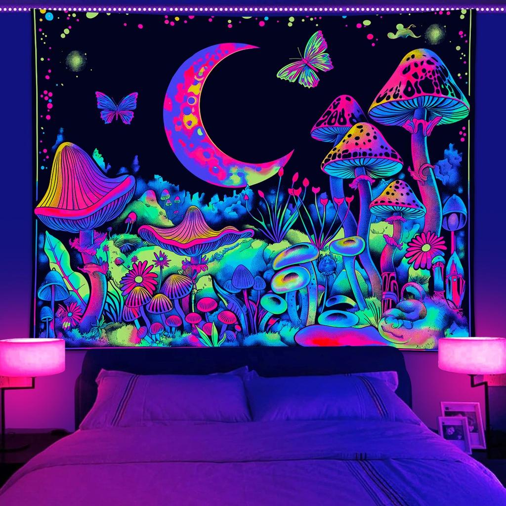 Blacklight UV Reactive Tapestry Psychedelic Trippy Wall Hanging Peach Skin 2D Flat Print Bedroom Aesthetic Party Decor 150x130