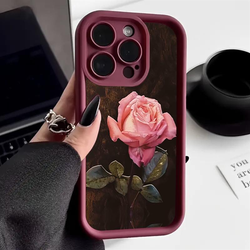 Aesthetic Rose Floral Pattern Silicone Phone Case For iPhone 16 Pro Max 15 14 13 12 11 7 8 Plus X XS XR SE 16E Shockproof Cover