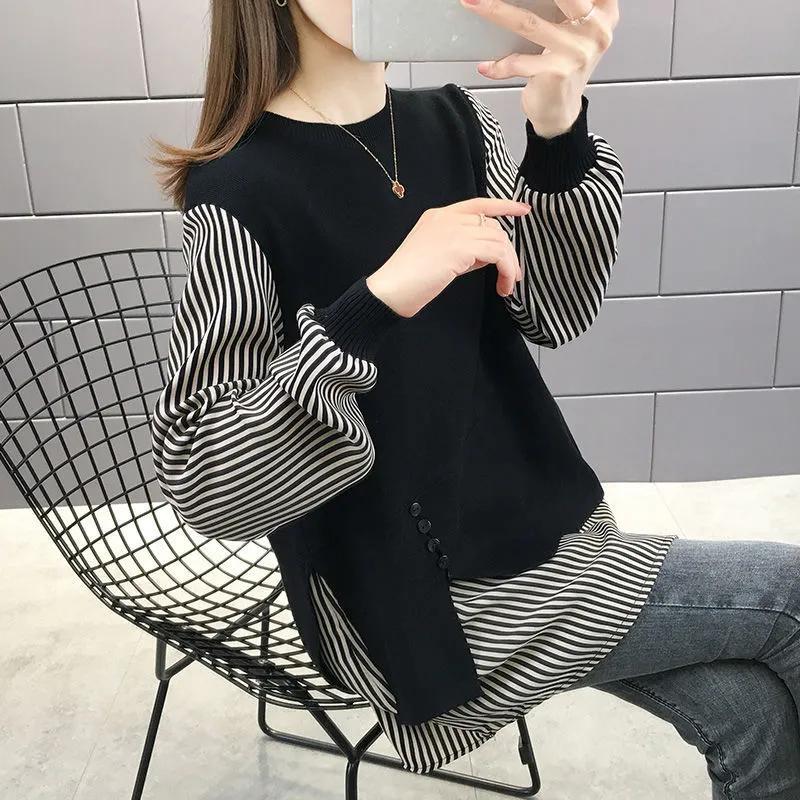 

Женская осенняя рубашка в тонкую полоску, пуловер свободного кроя, трикотажный топ с пэчворком 4XL чёрный