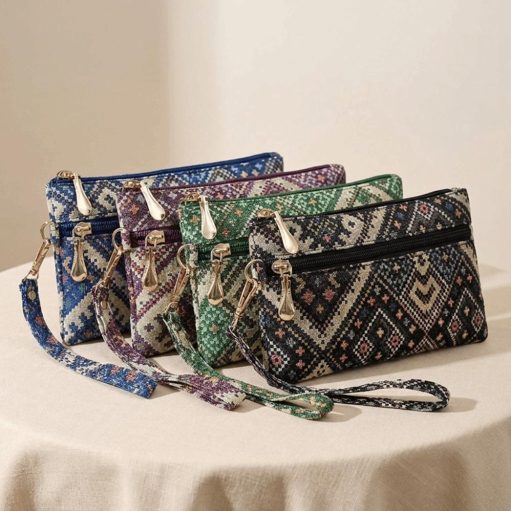 Retro Ethnic Style Clutch Purse Double Zipper Wristlet Wallet Long Wallet Cell Phone Storage