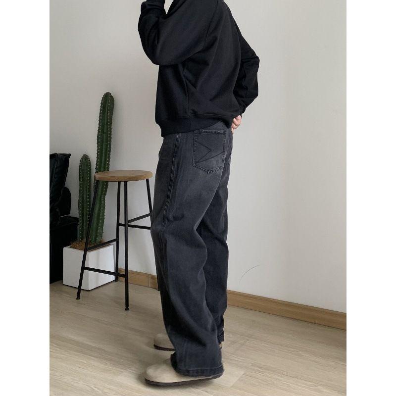 Męski Czarny Oversize'owy Bluza z Kapturem i Ciemnoszare Szerokie Jeansy Zestaw Casualowy Streetwear
