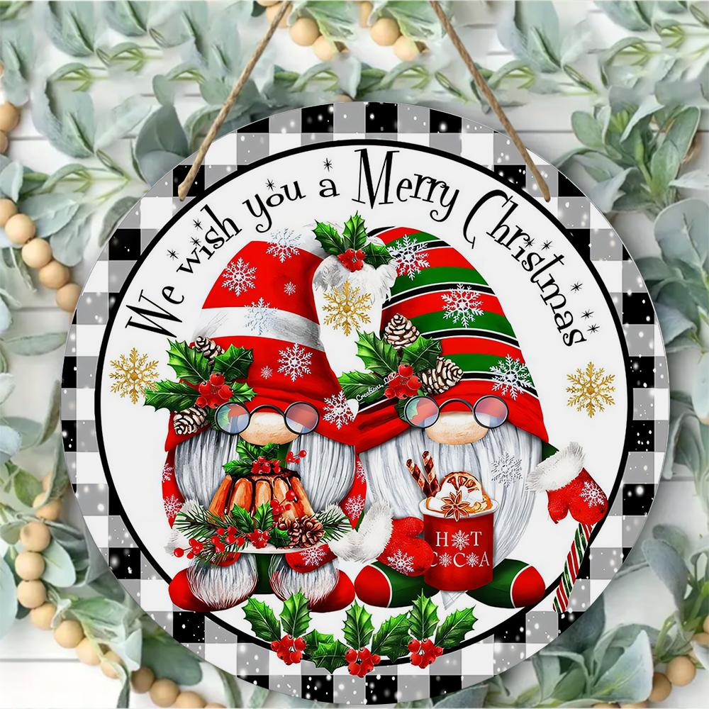 Buffalo Plaid Christmas Gnome Art Round Wooden Hanging Plaque Farmhouse Wall Sign Rustic Door Decor Winter Holiday Home Party Supplies