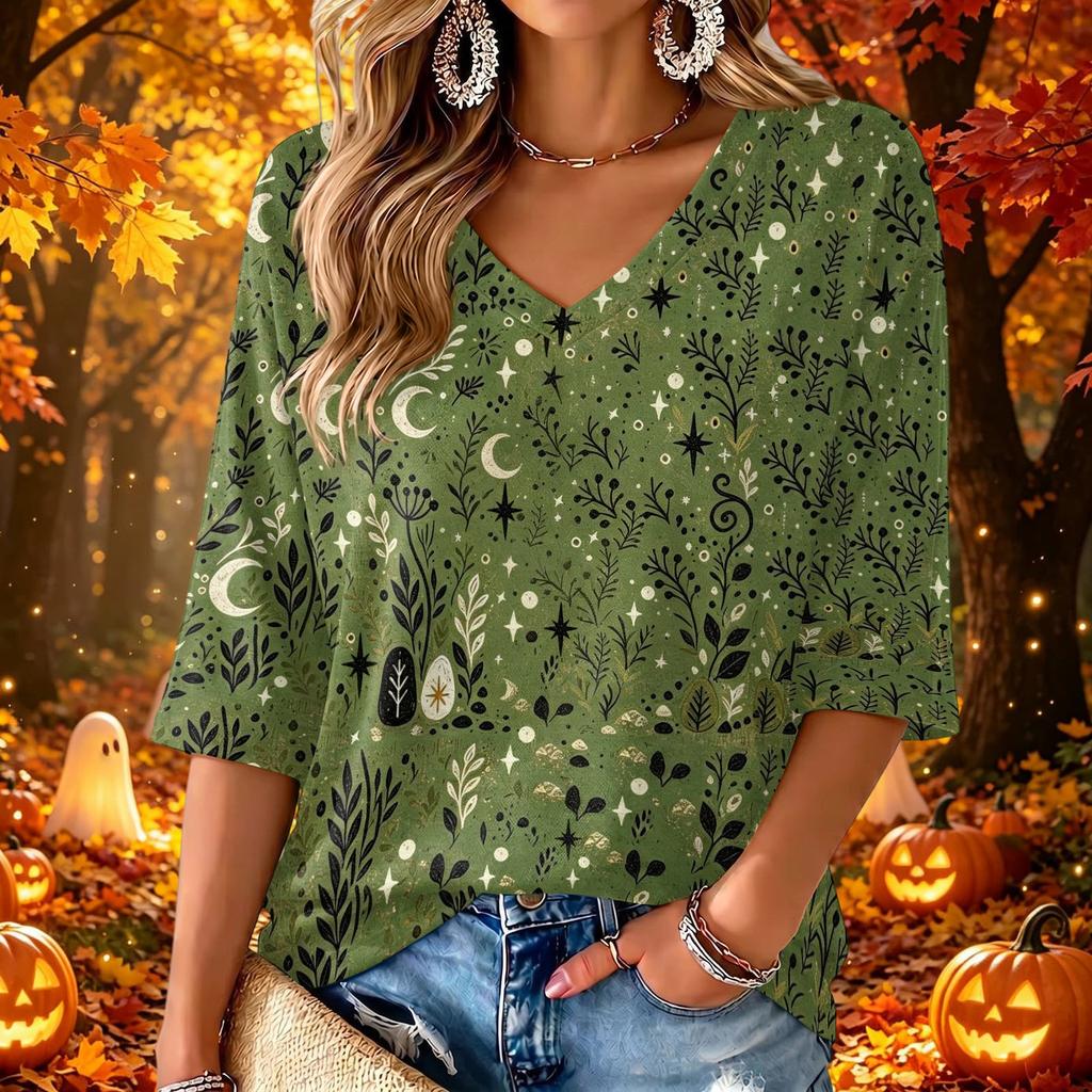 Women's V-Neck Floral Print Three-Quarter Sleeve Casual Top