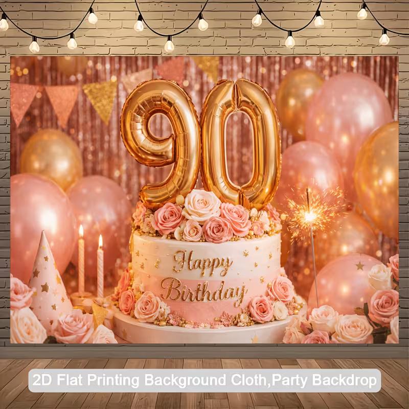 

2D 90th Birthday Backdrop Rose Gold Balloon and Flower Party Background 47.2x31.5inch/120*80cm