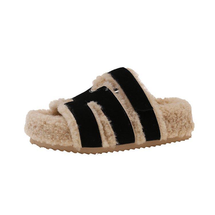 Deer and Girlfriend, Fluffy Slippers for Women's Wear 2025 New Autumn and Winter Leather Thick-soled Lamb Wool H Second Uncle Slippers