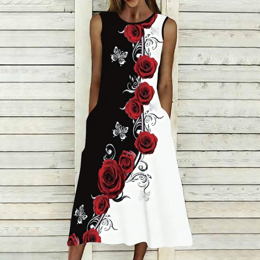 Plus Size Ladies Sleeveless Crew Neck Dress Vivid Leaf Floral Pattern Flowy Midi Gown