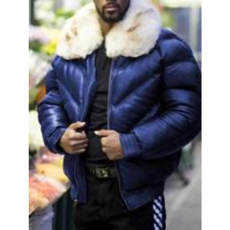 

Утолщенная мужская короткая куртка из искусственной кожи с хлопковой подкладкой, большой меховой воротник, длинные рукава XXL синий
