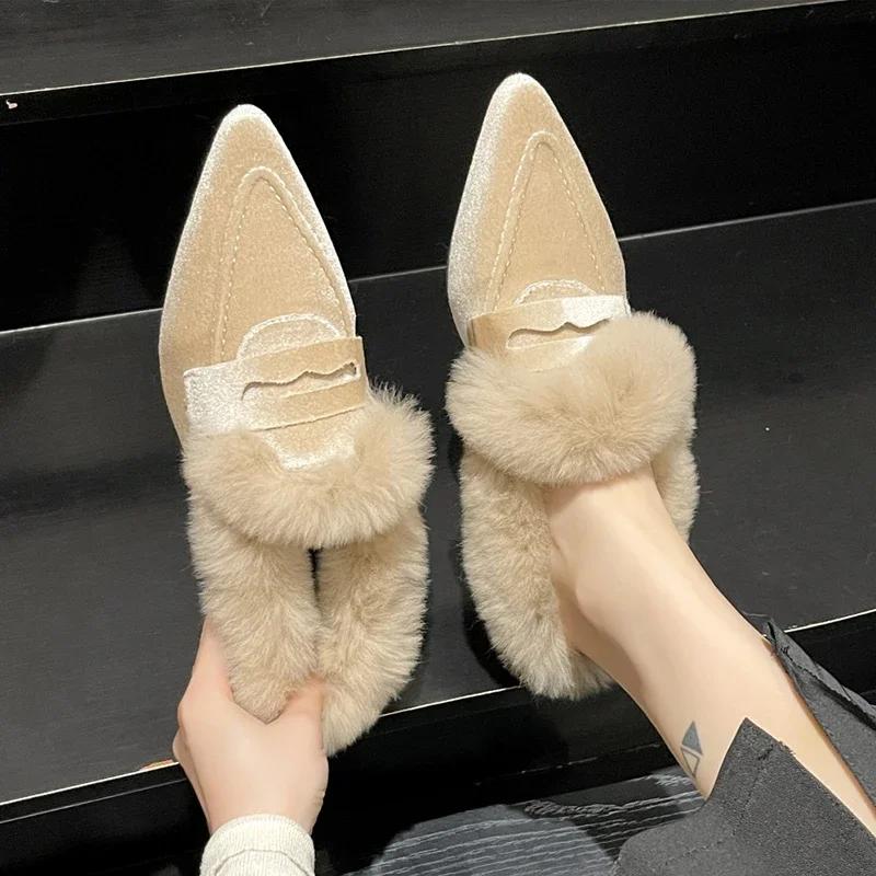 Sexy Pelz Spitzschuh Damen Slipper Schuhe Mittelhohe Absätze Stiefel 2025 Trend Chelsea Winter Warm Plüsch Veloursleder Büro Pumps Pelz Botas Mujer